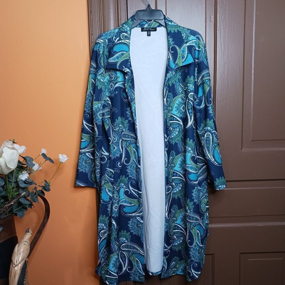 Slinky Brand Made in USA Women's size L Multicolor with Motif Long Cardigan
